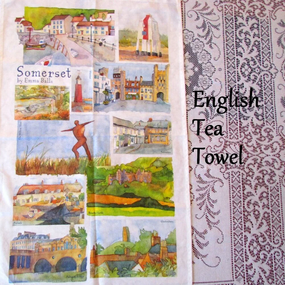 ENGLISH TEA TOWEL, SOMERSET SCENES in WATERCOLOR: BATH, DUNSTER CASTLE, WELLS ++